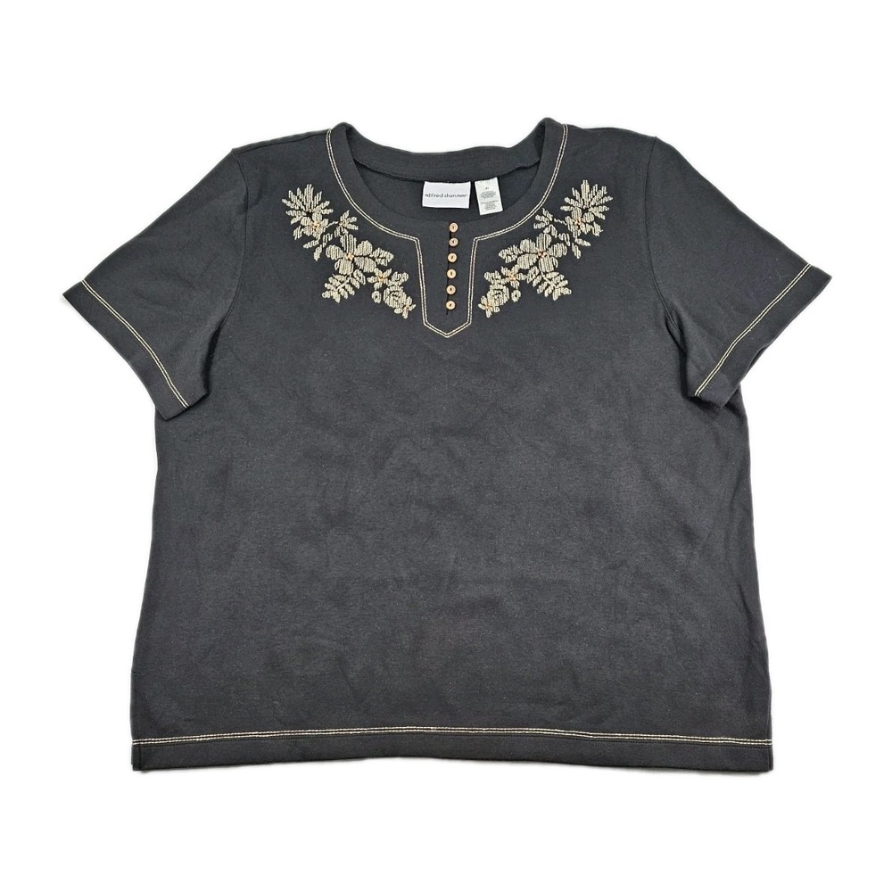 Alfred Dunner Womens XLarge Blouse Black Embroidered Flower Top Round Neck shirt